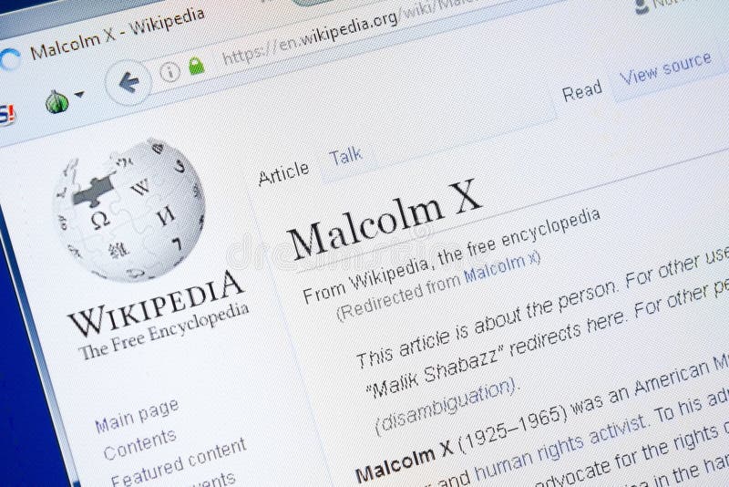 Ryazan, Russia - August 28, 2018: Wikipedia page about Malcolm X on the display of PC. Ryazan, Russia - August 28, 2018: Wikipedia page about Malcolm X on the display of PC