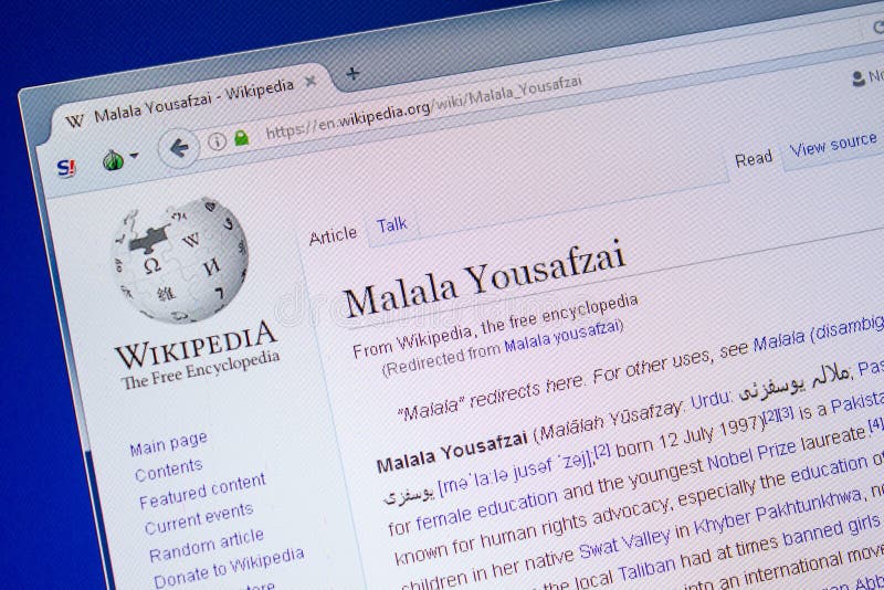 Ryazan, Russia - July 09, 2018: Page on Wikipedia about Malala Yousafzai on  the Display of PC. Editorial Stock Photo - Image of page, famous: 122503518