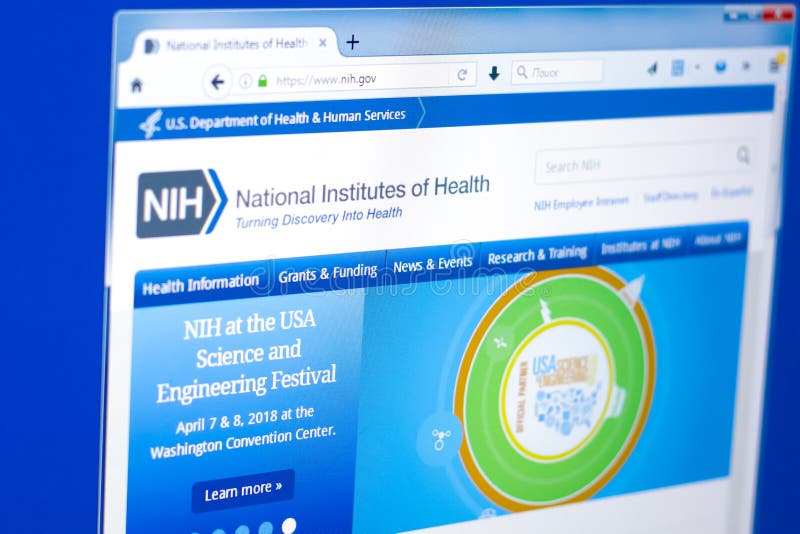 Ryazan, Russia - March 28, 2018 - Homepage of National Institute of Health on a display of PC, web adress - nih.gov. royalty free stock photo Ryazan, Russia - March 28, 2018 - Homepage of National Institute of Health on a display of PC, web adress - nih.gov. royalty free stock photo