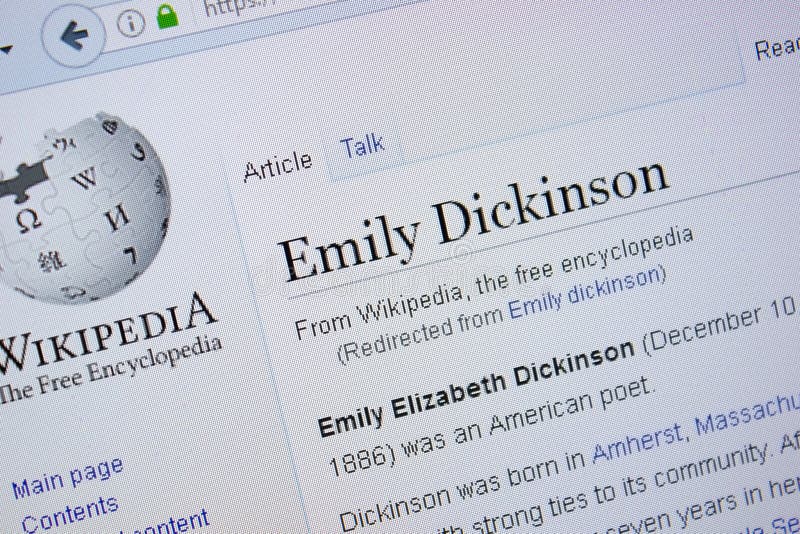 Ryazan, Russia - September 09, 2018 - Wikipedia page about Emily Dickinson on a display of PC. Ryazan, Russia - September 09, 2018 - Wikipedia page about Emily Dickinson on a display of PC