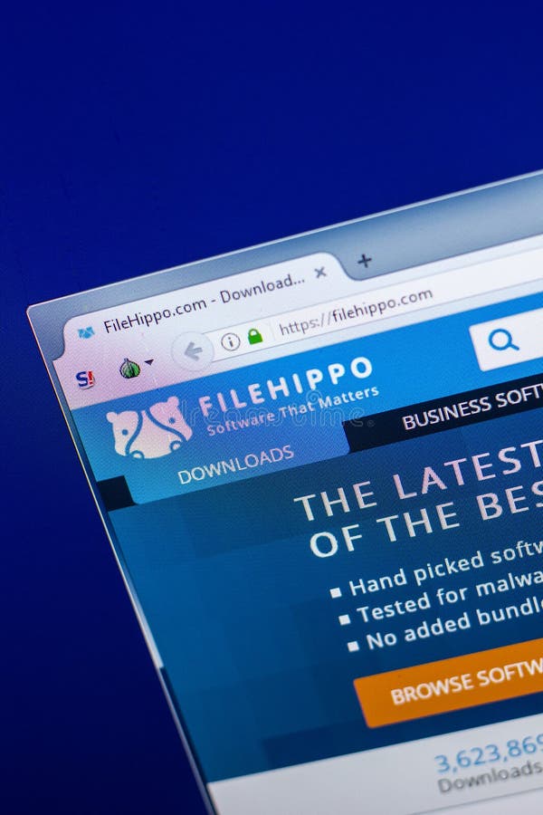 Ryazan, Rússia - 29 de abril de 2018: Homepage do Web site de Filehippo na exposição do PC, URL - Filehippo com fotos de stock royalty free Ryazan, Rússia - 29 de abril de 2018: Homepage do Web site de Filehippo na exposição do PC, URL - Filehippo com fotos de stock royalty free