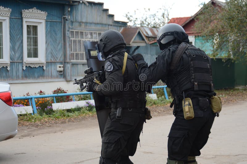 Soldiers of the police detachment of special purpose `Thunder` conduct training to neutralize terrorists royalty free stock photo Soldiers of the police detachment of special purpose `Thunder` conduct training to neutralize terrorists royalty free stock photo