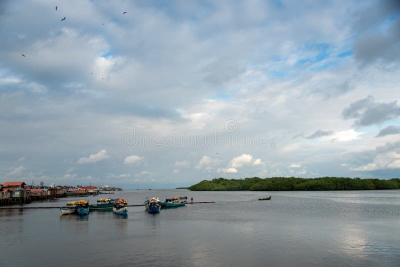 Fishing village with wooden houses on stilts over the sea. San Andres de Tumaco, Narino, Colombia. November 24, 2019. Fishing village with wooden houses on stilts over the sea. San Andres de Tumaco, Narino, Colombia. November 24, 2019