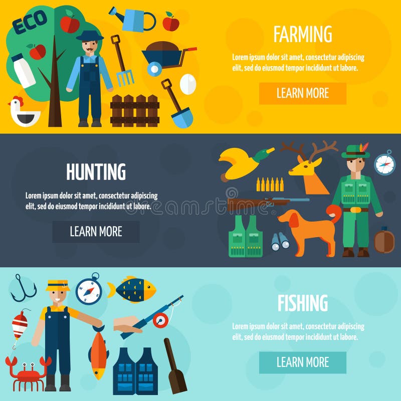 Fisherman hunter and farmer with accessories flat horizontal banner set isolated vector illustration. Fisherman hunter and farmer with accessories flat horizontal banner set isolated vector illustration