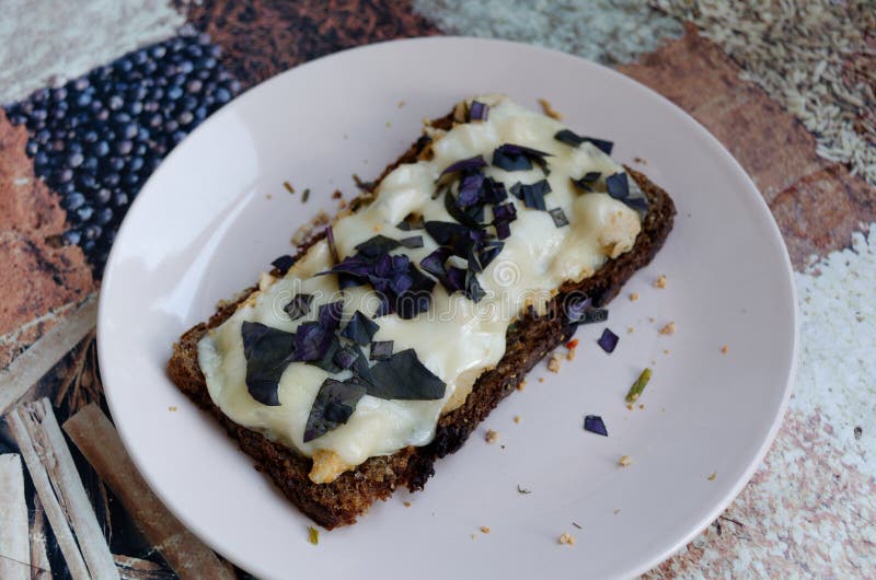 Rye Bread Sandwich with Processed Cheese and Basil on a Pink Plate Stock Photo Image of