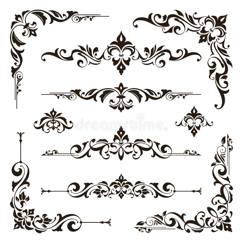 Ryggkanter och hörn för designen av Ornamental Vector set art deco florala prydnadselement vektor illustrationer
