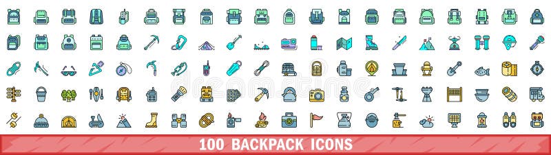 100 ryggpaketsikoner anger färglinjestil stock illustrationer