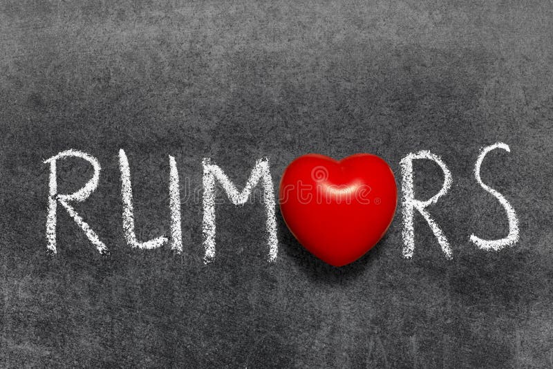 Rumors word handwritten blackboard with heart symbol instead of O. Rumors word handwritten blackboard with heart symbol instead of O