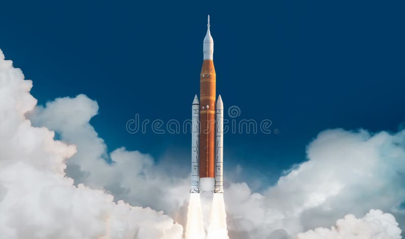 Rymdfart från jord i himmel. mission till månen. återvända till månen. Raketraket för slangrymd. rymdfarkoster. artemis rymdprogra arkivbilder