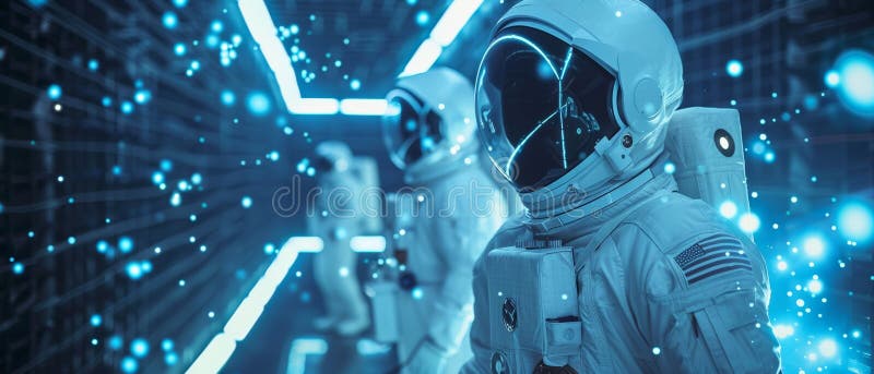 Rymdturisters kosmisk nätprospektering i avancerade kostymer för nanomedicinsk drönare cyberkrigföring och kvantkryptografi i smar stock illustrationer