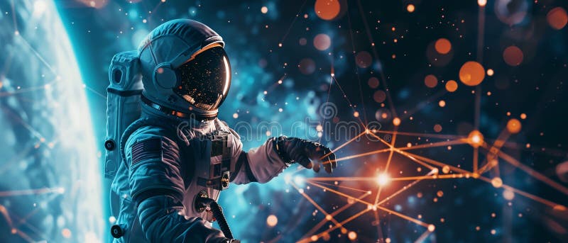 Rymdturisters kosmisk nätprospektering i avancerade kostymer för nanomedicinsk drönare cyberkrigföring och kvantkryptografi i smar royaltyfri illustrationer