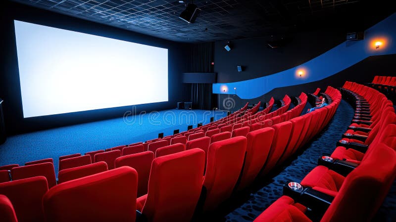 Rymlig filmteater med rött säte och stor tom skärm som skapar en atmosfär av förväntan och upphetsning fotografering för bildbyråer