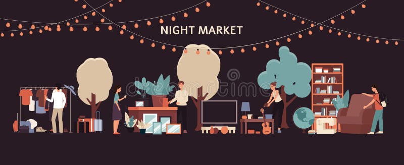 Rynek nocny - ludzie kupujący meble i ubrania w pchlym garażu w parku miejskim ilustracji Rynek nocny - ludzie kupujący meble i ubrania w pchlym garażu w parku miejskim ilustracji