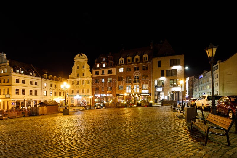 Szczecin, Poland - January 02 2020: The night view of the Hay Market Square. Szczecin, Poland - January 02 2020: The night view of the Hay Market Square