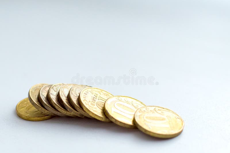 Russian ten ruble coins on white background. Russian ten ruble coins on white background