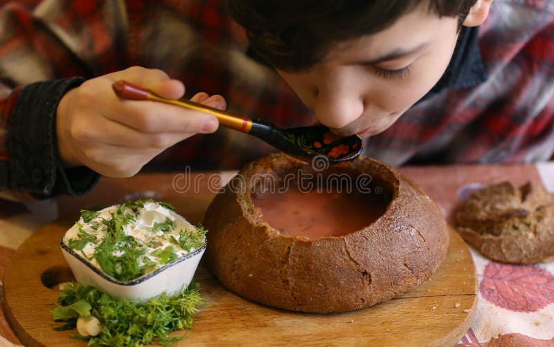 Rysk traditionell kokkonst - röd rödbetasoppa för borsch med sourcream och dill i bondaktigt stilbröd för rund råg royaltyfria foton Rysk traditionell kokkonst - röd rödbetasoppa för borsch med sourcream och dill i bondaktigt stilbröd för rund råg royaltyfria foton