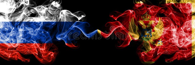 Ryskt vs Montenegro, förlade montenegrinska rökflaggor sidan - vid - sidan Tjocka kulöra silkeslena rökflaggor av Ryssland och Mo royaltyfri fotografi Ryskt vs Montenegro, förlade montenegrinska rökflaggor sidan - vid - sidan Tjocka kulöra silkeslena rökflaggor av Ryssland och Mo royaltyfri fotografi