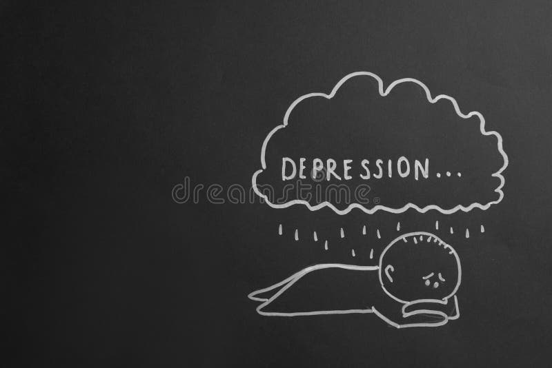Rysować chmura z słowem depresja i deszcz nad smutnym mężczyzną