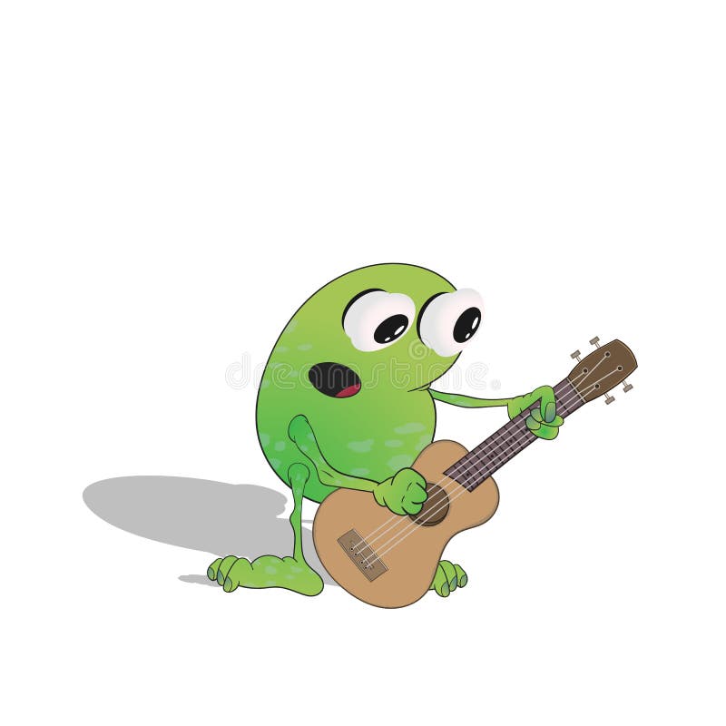 Rysowna zielona żaba z dużymi oczami gra na ukulele izolowany na białym tle ilustracja wektorowa royalty ilustracja