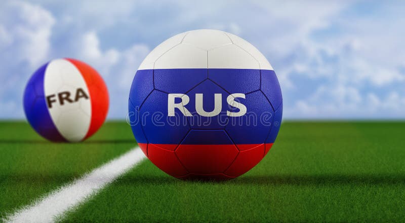 Ryssland jämfört med France Soccer Match - Fotbollar i Ryssland och Frankrike nationella färger på fotbollsfält stock illustrationer Ryssland jämfört med France Soccer Match - Fotbollar i Ryssland och Frankrike nationella färger på fotbollsfält stock illustrationer
