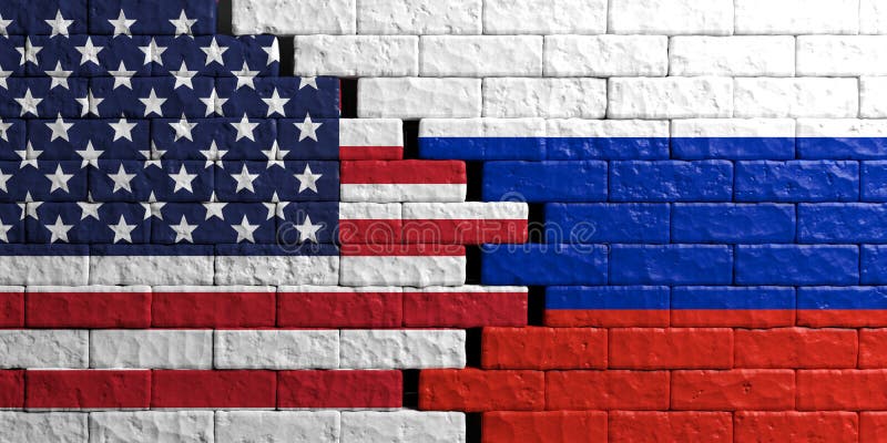 Ryssland och USA sjunker, bakgrund för tegelstenväggen illustration 3d stock illustrationer Ryssland och USA sjunker, bakgrund för tegelstenväggen illustration 3d stock illustrationer
