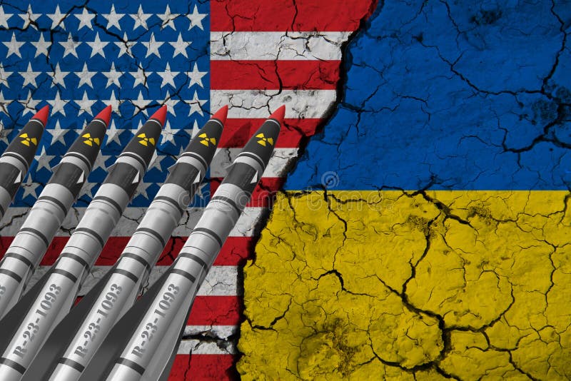 Rysslands och Ukrainas flagga på texturerad sprickad jord med fem ballistiska missiler vektor illustrationer Rysslands och Ukrainas flagga på texturerad sprickad jord med fem ballistiska missiler vektor illustrationer