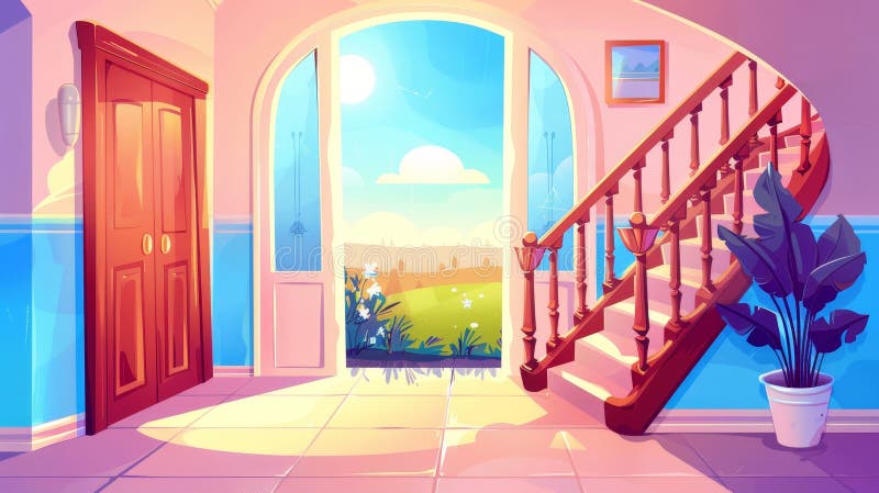 There is a cartoon image of a hallway, featuring stairs and an open door. There is also a summer sky background with meadow in the window in the home entrance. There is vintage furniture in the. AI generated. There is a cartoon image of a hallway, featuring stairs and an open door. There is also a summer sky background with meadow in the window in the home entrance. There is vintage furniture in the. AI generated