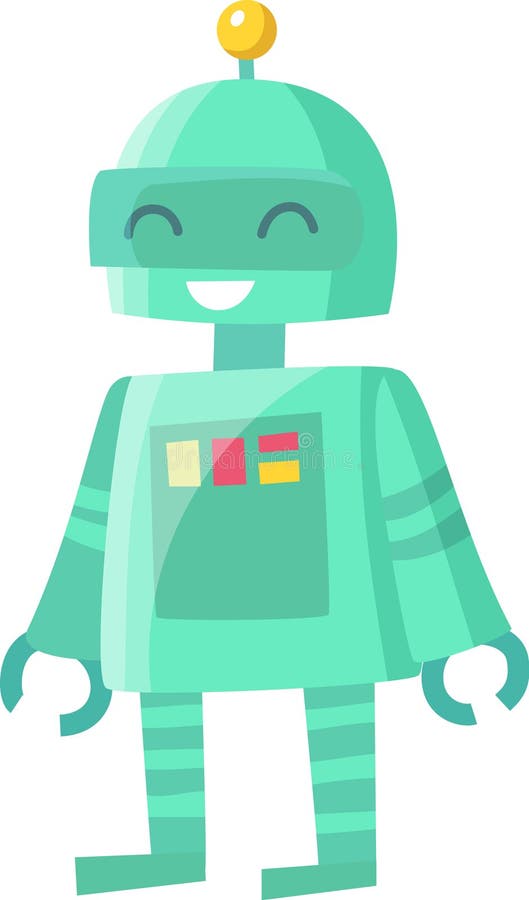 Rysunek przyjaznego zielonego robota stojącego z anteną uśmiechniętą głową i wyglądającego szczęśliwie royalty ilustracja