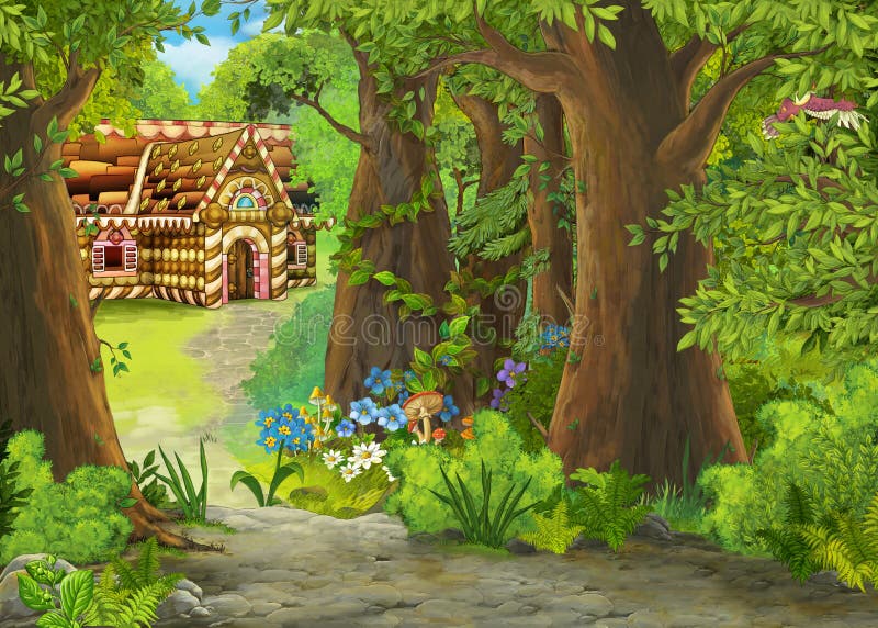 Rysunek scena letnia z ścieżką w lesie do jakiegoś domu zrobionego z słodyczy - nikt na miejscu - ilustracja dla dzieci