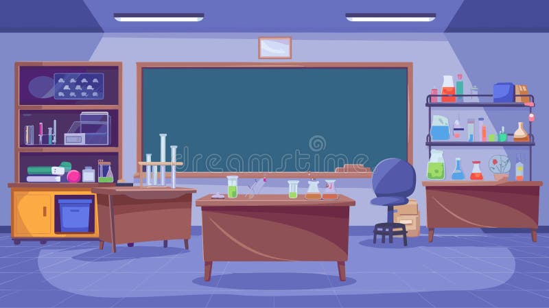 Rysówka nocna pusta szkolna chemia wnętrze klasowe z wyposażeniem laboratoryjnym i zaopatrzeniem. Ciemne laboratorium ekspertyzy c ilustracji