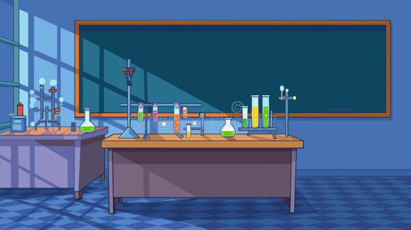 Rysówka nocna pusta szkolna chemia wnętrze klasowe z wyposażeniem laboratoryjnym i zaopatrzeniem. Ciemne laboratorium ekspertyzy c ilustracji