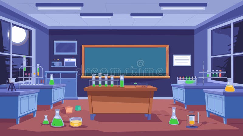 Rysówka nocna pusta szkolna chemia wnętrze klasowe z wyposażeniem laboratoryjnym i zaopatrzeniem. Ciemne laboratorium ekspertyzy c royalty ilustracja