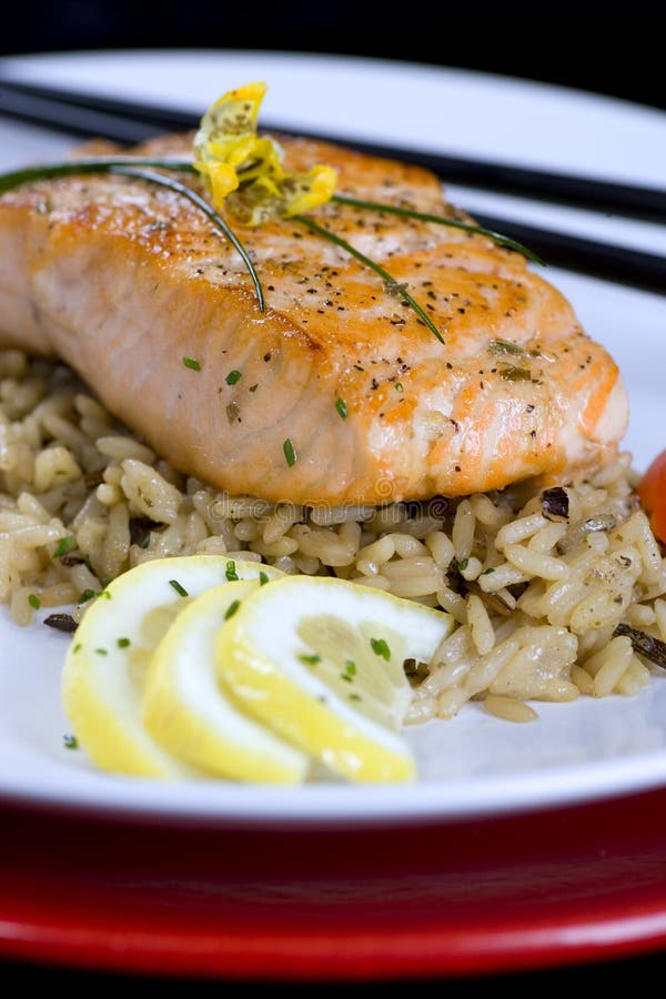 Macro shot of salmon on a bed of wild rice. Macro shot of salmon on a bed of wild rice