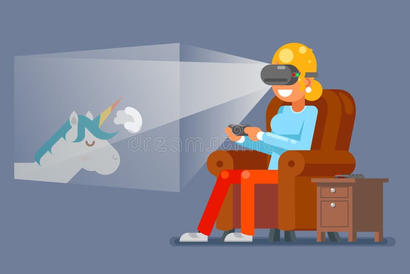 Rzeczywistość Wirtualna szkieł Gamer młoda dziewczyna Bawić się grę Siedzi karła postać z kreskówki projekta wektoru Płaską ilust ilustracja wektor Rzeczywistość Wirtualna szkieł Gamer młoda dziewczyna Bawić się grę Siedzi karła postać z kreskówki projekta wektoru Płaską ilust ilustracja wektor