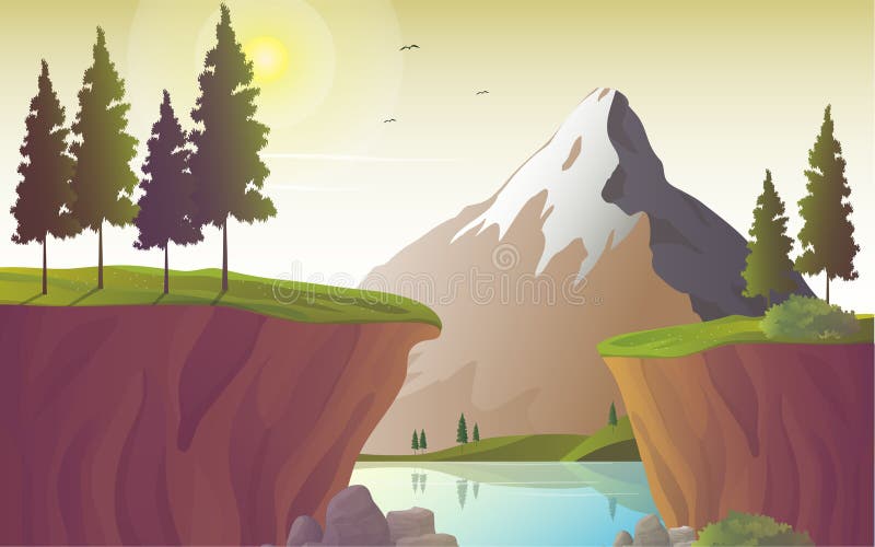 lake and mountain, natural landscape with river and cliff. Beautiful nature scenic vector illustration. lake and mountain, natural landscape with river and cliff. Beautiful nature scenic vector illustration.