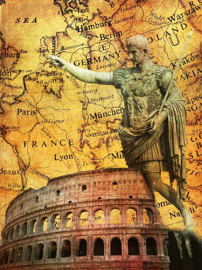 Rzymianie podpisali tło z pomnikiem Imperatora, zwycięzcy koloseum, mapa starej Europy
