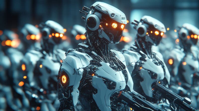 Rząd futurystycznych robotów z błyszczącymi pomarańczowymi oczami zdjęcie stock