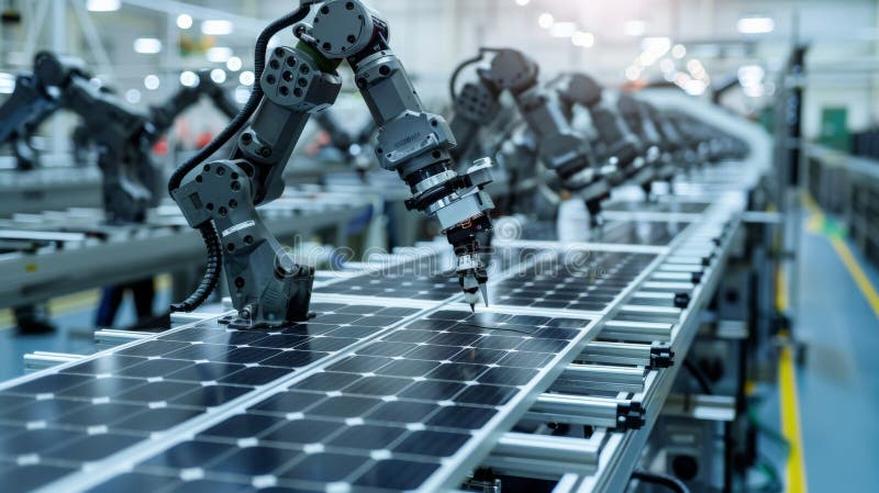 Rzędy zautomatyzowanych ramion robotycznych starannie montują i łączą różne części paneli słonecznych z ekspertem fotografia stock