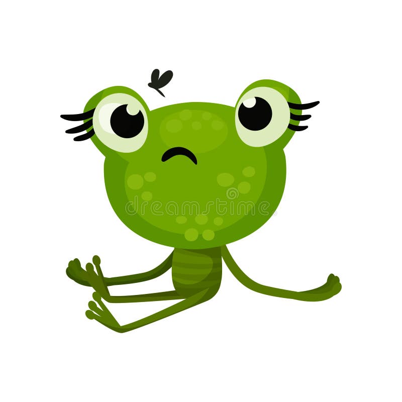 Rã bonito verde que senta-se com expressão triste da cara, voo do inseto em cima Elemento liso do vetor para o livro de crianças ilustração do vetor Rã bonito verde que senta-se com expressão triste da cara, voo do inseto em cima Elemento liso do vetor para o livro de crianças ilustração do vetor