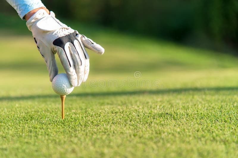 Räcka den asiatiska kvinnan som sätter golfboll på utslagsplats med klubban i golfbana på den soliga dagen för sund sport royaltyfri fotografi Räcka den asiatiska kvinnan som sätter golfboll på utslagsplats med klubban i golfbana på den soliga dagen för sund sport royaltyfri fotografi