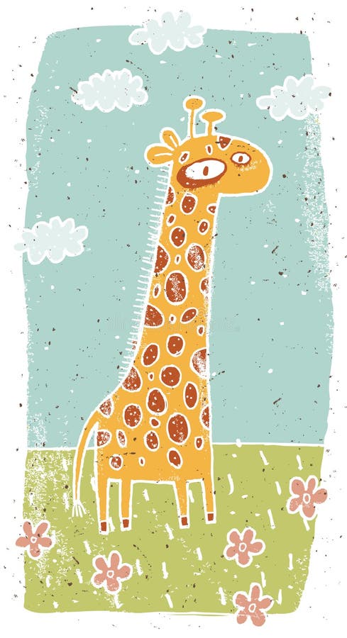 Räcka den utdragna grungeillustrationen av den gulliga giraffet på bakgrund royaltyfri illustrationer