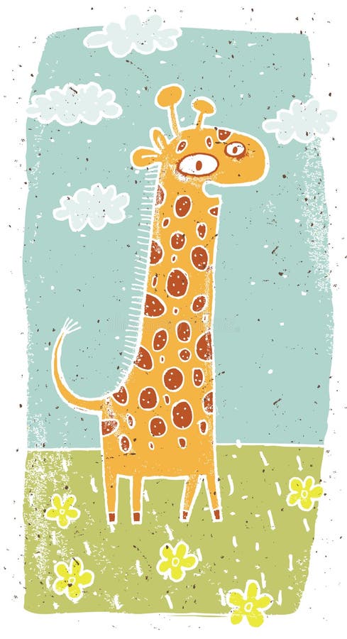 Räcka den utdragna grungeillustrationen av den gulliga giraffet på bakgrund royaltyfri illustrationer