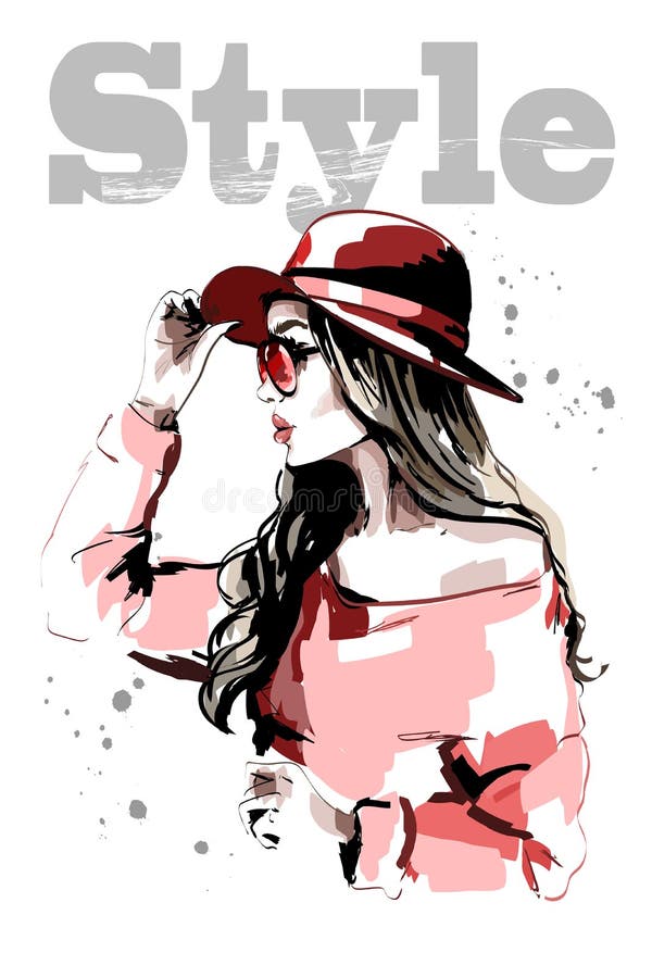 Räcka den utdragna härliga unga kvinnan i röd hatt fashion kvinnan Stilfull damstående skissa stock illustrationer Räcka den utdragna härliga unga kvinnan i röd hatt fashion kvinnan Stilfull damstående skissa stock illustrationer