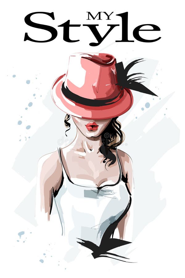 Räcka den utdragna härliga unga kvinnan i röd hatt Modekvinna med lockigt hår stilfull lady