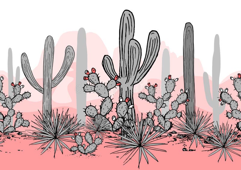 Räcka den utdragna sömlösa modellen med berg, saguaroen, blå agave och det taggiga päronet Latin - amerikansk bakgrund mexikan royaltyfri illustrationer Räcka den utdragna sömlösa modellen med berg, saguaroen, blå agave och det taggiga päronet Latin - amerikansk bakgrund mexikan royaltyfri illustrationer
