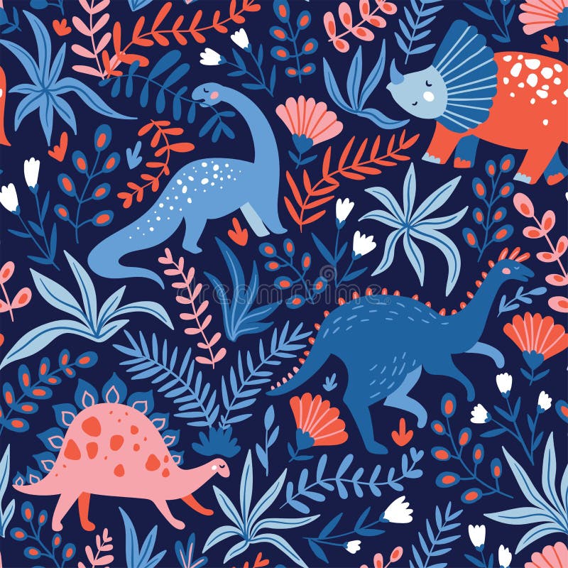 Räcka den utdragna sömlösa modellen med dinosaurier och tropiska sidor och blommor Göra perfekt för ungetyg, textilen, barnkammar royaltyfri illustrationer