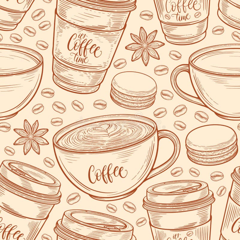 Räcka den utdragna sömlösa modellen med kaffekoppar, bönor, rånar, makron Färgrik bakgrund i retro färger för tappning stock illustrationer Räcka den utdragna sömlösa modellen med kaffekoppar, bönor, rånar, makron Färgrik bakgrund i retro färger för tappning stock illustrationer
