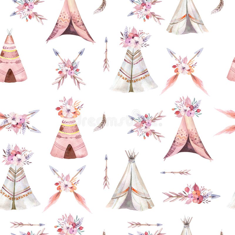 Räcka den utdragna vattenfärgen den stam- tipin den sömlösa modellen, modeller för Boho Amerika traditionella infödda prydnadvigv vektor illustrationer