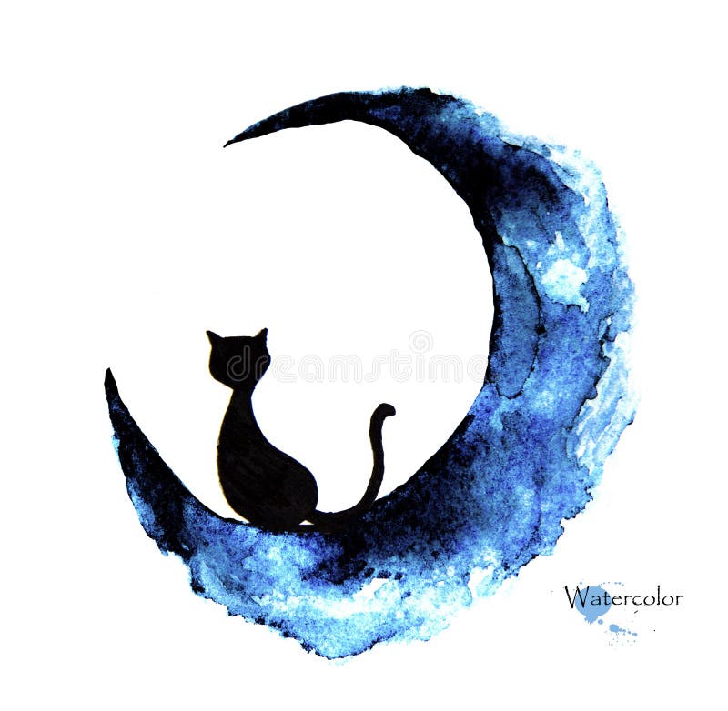 Räcka utdragen vattenfärgmålning av sammanträde för den svarta katten på månen