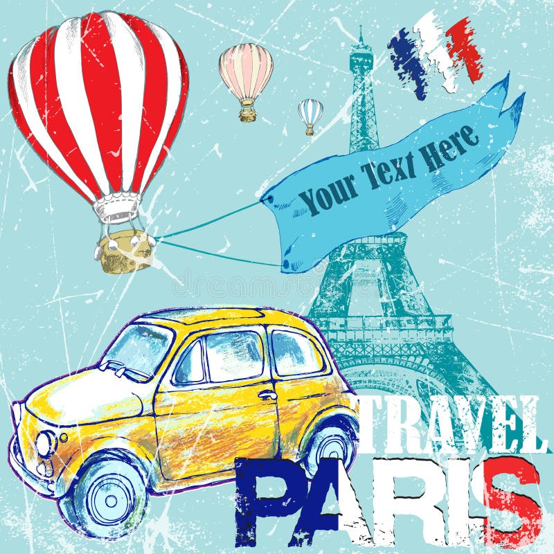 Räcka utdraget, färga den roliga gula bilen för penÑil, resa till Paris, luftballon royaltyfri illustrationer Räcka utdraget, färga den roliga gula bilen för penÑil, resa till Paris, luftballon royaltyfri illustrationer
